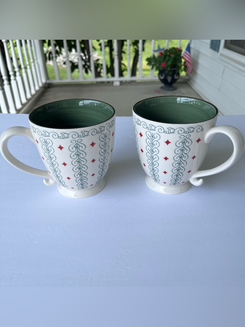 Starbucks 2003 Barista Red and Green Pedestal Mugs with Green Interior Set of 2